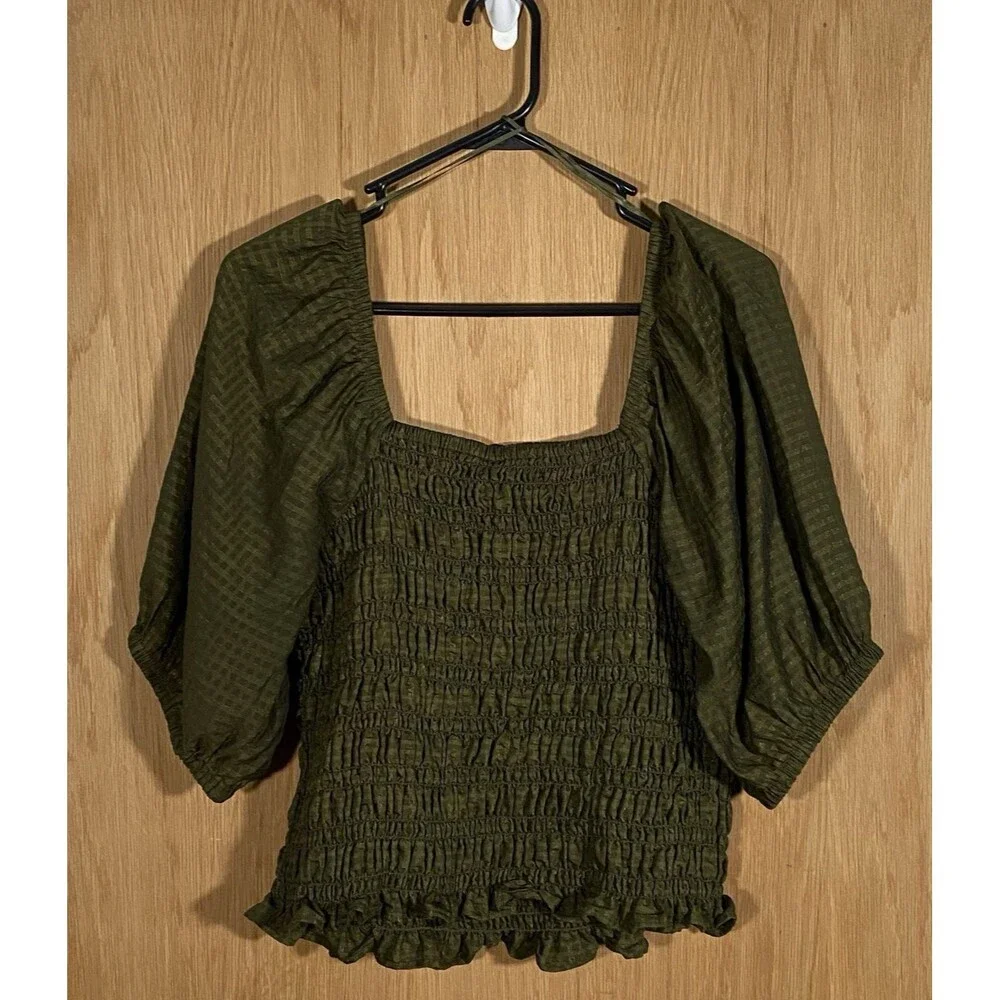 Old Navy Women's Lg Top Green Smocked Square Neck Puff Sleeve Milk Maid Cottage